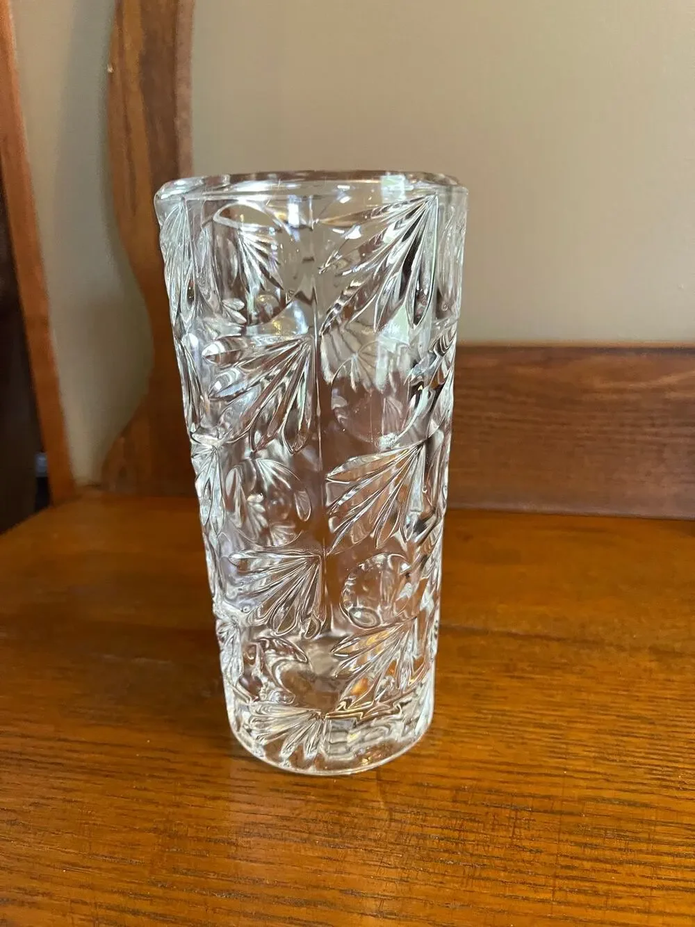 Vintage MCM Czech Republic Clear Cut Pressed Glass Cylander Vase 6 7/8”